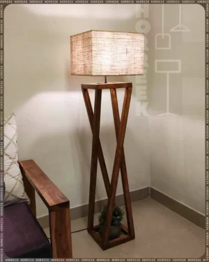 Wooden Floor Stand Lamp with Brown Base and Fabric Lampshade
