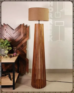 Boho Wooden Floor Lamp with Brown Base and Beige Fabric