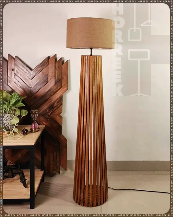 Boho Wooden Floor Lamp with Brown Base and Beige Fabric